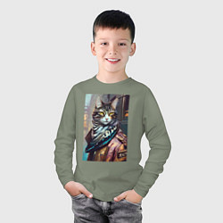 Лонгслив хлопковый детский Городской котяра - модник, цвет: авокадо — фото 2