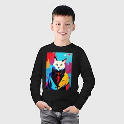 Лонгслив хлопковый детский Белый кот модник - поп-арт, цвет: черный — фото 2