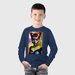 Лонгслив хлопковый детский Кошка в маске - поп-арт - нейросеть, цвет: тёмно-синий — фото 2