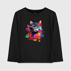 Лонгслив хлопковый детский Котик в цветах - нейросеть, цвет: черный