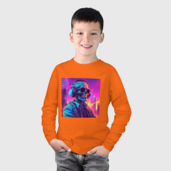 Лонгслив хлопковый детский Скелет в свете неонового города, цвет: оранжевый — фото 2