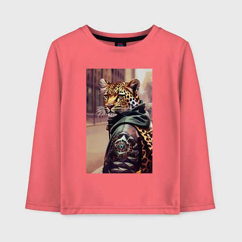 Детский лонгслив Cool leopard - urban style - neural network / Коралловый – фото 1
