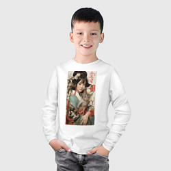 Лонгслив хлопковый детский Японская девочка в кимоно с котенком, цвет: белый — фото 2