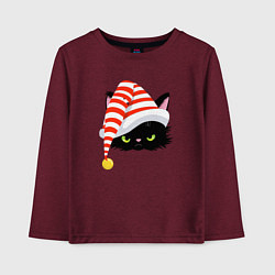 Лонгслив хлопковый детский Новогодний черный кот в новогоднем колпаке, цвет: меланж-бордовый