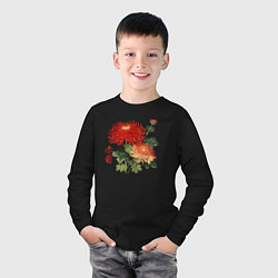 Лонгслив хлопковый детский Красные хризантемы, цвет: черный — фото 2
