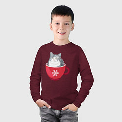 Лонгслив хлопковый детский Котик в кружке со снежинкой, цвет: меланж-бордовый — фото 2