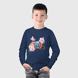 Лонгслив хлопковый детский Фотоаппарат в цветах и бабочки, цвет: тёмно-синий — фото 2