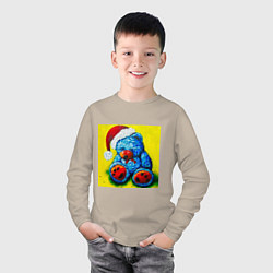 Лонгслив хлопковый детский Плюшевый синий Санта мишка, цвет: миндальный — фото 2