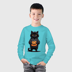 Лонгслив хлопковый детский Кот в черном худи держит в руках тыкву, цвет: бирюзовый — фото 2