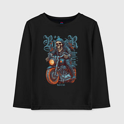 Лонгслив хлопковый детский Скелет байкера на мотоцикле под rocknroll, цвет: черный