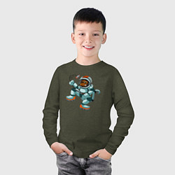 Лонгслив хлопковый детский Обезьянка космонавт, цвет: меланж-хаки — фото 2