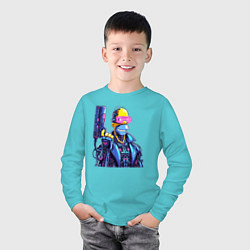 Лонгслив хлопковый детский Гомер Симпсон с пистолетом - киберпанк, цвет: бирюзовый — фото 2