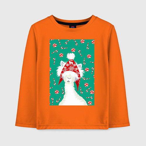Детский лонгслив Лама - альпака в ушанке / Оранжевый – фото 1
