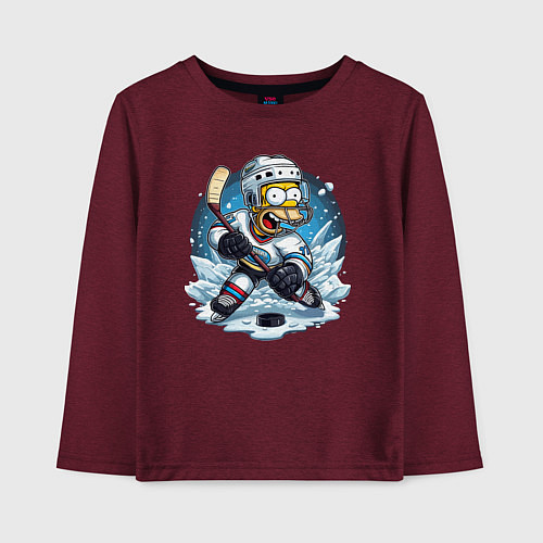 Детский лонгслив Гомер Симпсон - хоккейный нападающий / Меланж-бордовый – фото 1