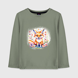 Лонгслив хлопковый детский Милый большеухий лисенок сидит в цветах, цвет: авокадо