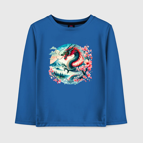 Детский лонгслив Japanese dragon - ai art watercolor / Синий – фото 1