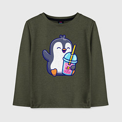 Лонгслив хлопковый детский Пингвин с напитком, цвет: меланж-хаки