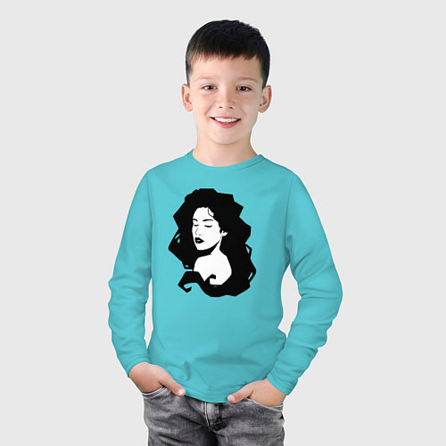 Детский лонгслив Графичная девушка с волнистыми волосами / Бирюзовый – фото 3