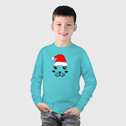 Лонгслив хлопковый детский Мордочка тюленя в новогодней шапке, цвет: бирюзовый — фото 2