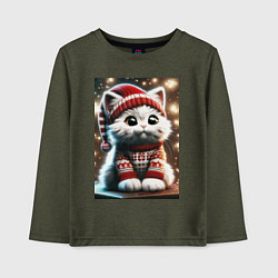 Лонгслив хлопковый детский Котик в новогоднем свитере, цвет: меланж-хаки