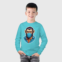 Лонгслив хлопковый детский Портрет обезьяны в маске, цвет: бирюзовый — фото 2