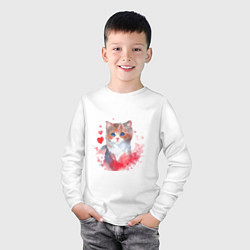 Лонгслив хлопковый детский Милая кошка с красными сердечками, цвет: белый — фото 2