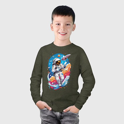 Детский лонгслив Космонавт в небе / Меланж-хаки – фото 3