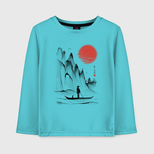 Детский лонгслив Традиционный японский пейзаж с рыбаком и горами / Бирюзовый – фото 1