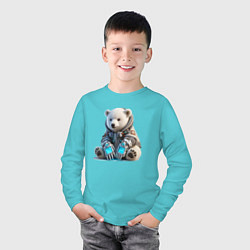 Лонгслив хлопковый детский Прикольный мишутка - киберпанк, цвет: бирюзовый — фото 2