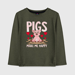Лонгслив хлопковый детский Свиньи делают меня счастливым, цвет: меланж-хаки
