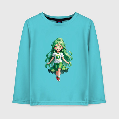 Детский лонгслив Девочка с зелеными волосами / Бирюзовый – фото 1