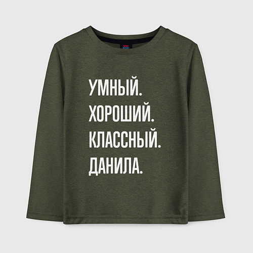 Детский лонгслив Умный хороший классный Данила / Меланж-хаки – фото 1
