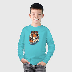 Лонгслив хлопковый детский Тигр и морская волна, цвет: бирюзовый — фото 2
