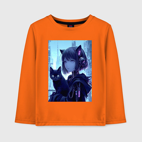 Детский лонгслив Девчонка кошка с котёнком - нейросеть / Оранжевый – фото 1