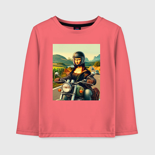 Детский лонгслив Mona Lisa on a motorcycle - ai art / Коралловый – фото 1