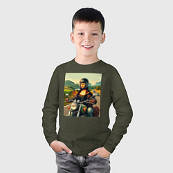 Лонгслив хлопковый детский Mona Lisa on a motorcycle - ai art, цвет: меланж-хаки — фото 2