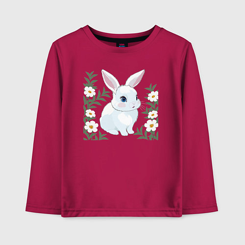 Детский лонгслив Милый зайчонок на фоне цветов / Маджента – фото 1