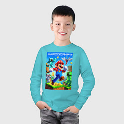Лонгслив хлопковый детский Mario in Minecraft - ai art collaboration, цвет: бирюзовый — фото 2
