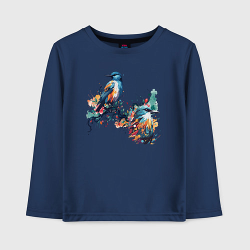 Детский лонгслив Птицы на ветке дерева / Тёмно-синий – фото 1