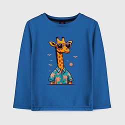 Лонгслив хлопковый детский Модный жираф в солнечных очках и гавайской рубашке, цвет: синий