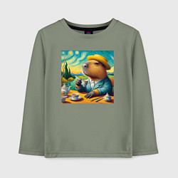 Лонгслив хлопковый детский Забавная капибара в шляпе и костюме пьет чай в сти, цвет: авокадо