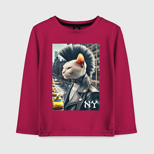 Детский лонгслив Котик панк житель Нью-Йорка - нейросеть / Маджента – фото 1