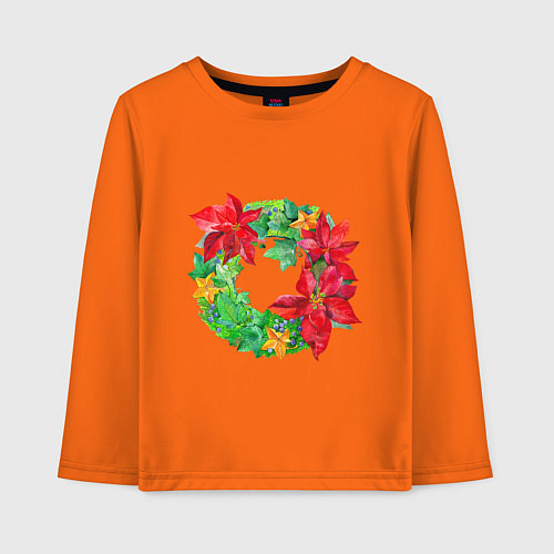 Детский лонгслив Новогодний венок из плюща и пуансеттии / Оранжевый – фото 1