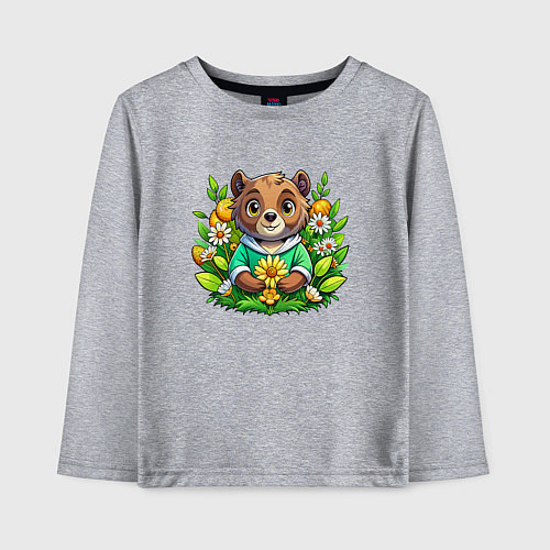 Детский лонгслив Медведь среди цветов / Меланж – фото 1