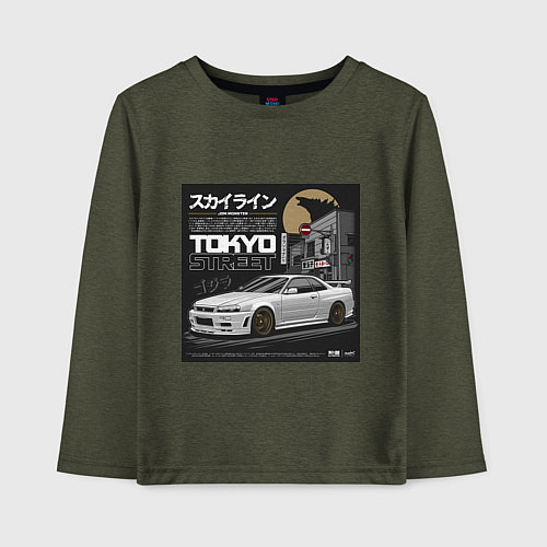 Детский лонгслив Nissan Skyline годзила / Меланж-хаки – фото 1