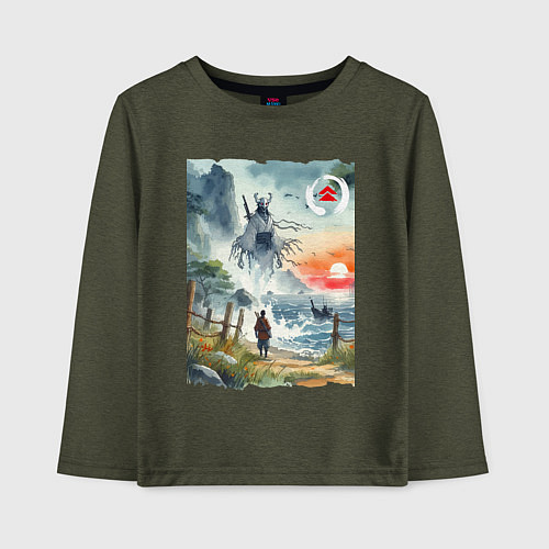 Детский лонгслив Ghost of Tsushima - watercolor / Меланж-хаки – фото 1