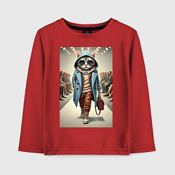 Лонгслив хлопковый детский Модный кот в очках на дефиле животных, цвет: красный