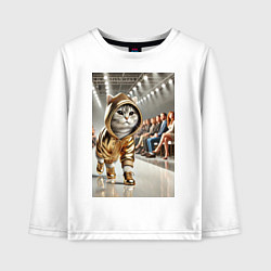 Лонгслив хлопковый детский Серый кот модель на подиуме, цвет: белый