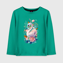 Лонгслив хлопковый детский Белый лебедь среди цветов, цвет: зеленый