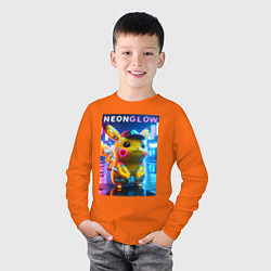 Лонгслив хлопковый детский Милый Пикачу в бейсболке - неоновое киберпанк свеч, цвет: оранжевый — фото 2